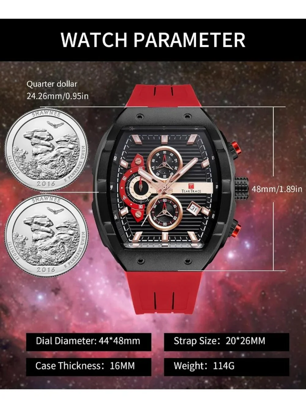 Men's Red Original Analog Quartz Waterproof Sport Fashion Unique Casual Watch